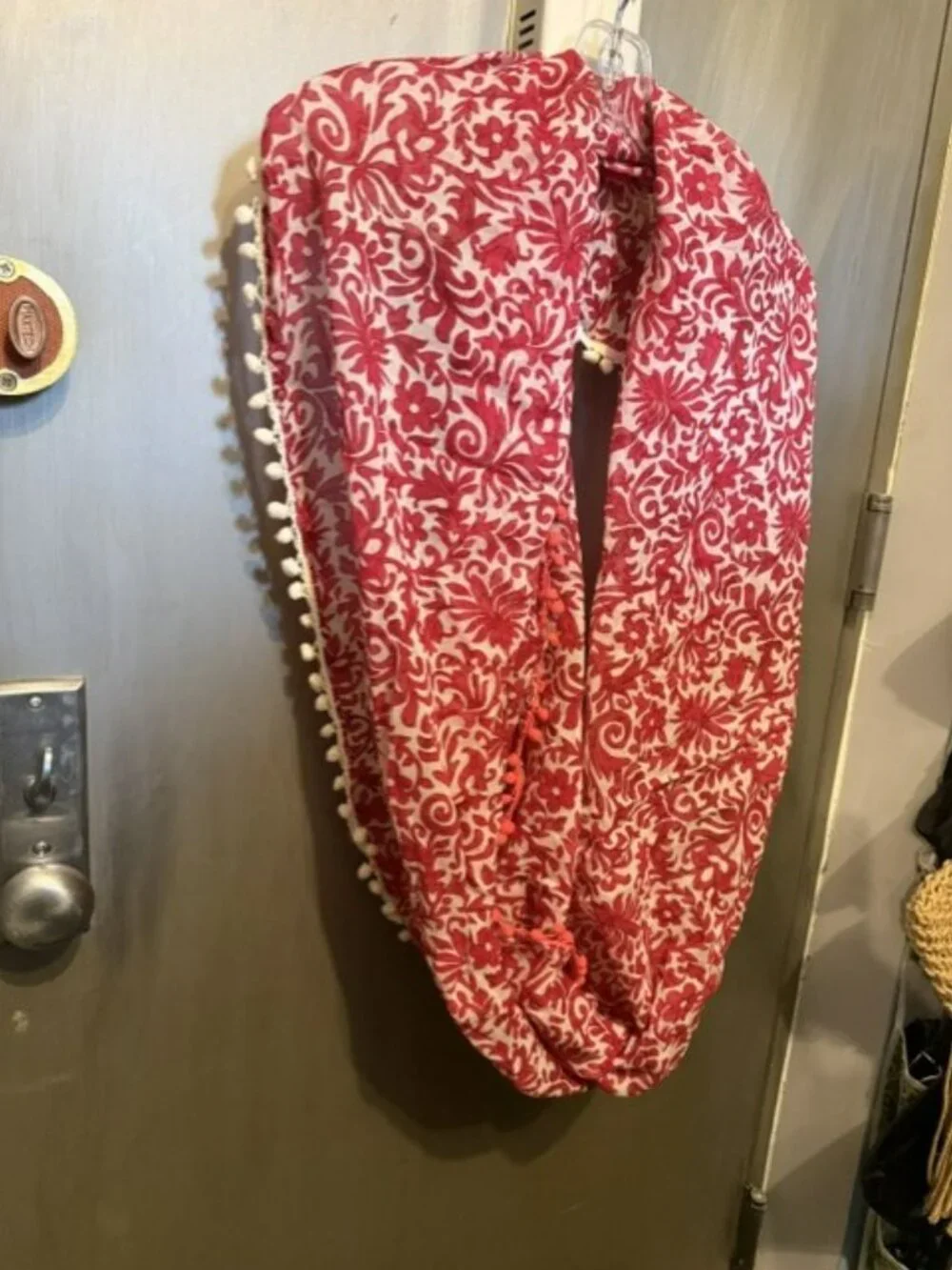 Boho Red & White paisley Infinity scarf with Pom-poms